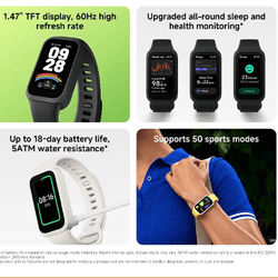Xiaomi Smart Band 9 Active features including heart rate monitoring, sports modes, and long battery life.