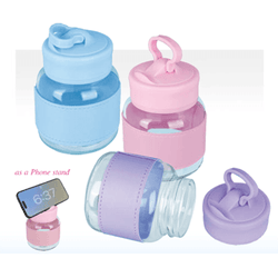 Mini Glass Bottle with Phone Stand in purple and blue, showcasing its stylish design and integrated phone stand feature.