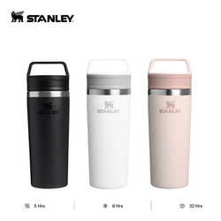 STANLEY Cafe-to-Go Travel Mug 16oz in black, white, and pink with insulation duration details.