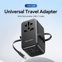 Vention 3-Port GaN Travel Adapter with Built-in Cable, universal design with USB-C, perfect for travel.