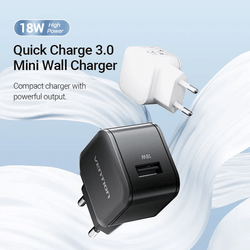 Vention 1-Port USB Wall Charger 18W compact design with Quick Charge capability for efficient charging.