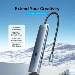 Vention 7-in-1 USB-C Docking Station features HDMI output, 100W power, and 5Gbps data transfer rates.