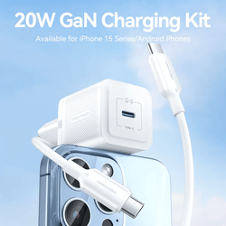 Vention 1-Port USB-C GaN Charger 20W with Cable 1M next to an iPhone 15 for fast charging.