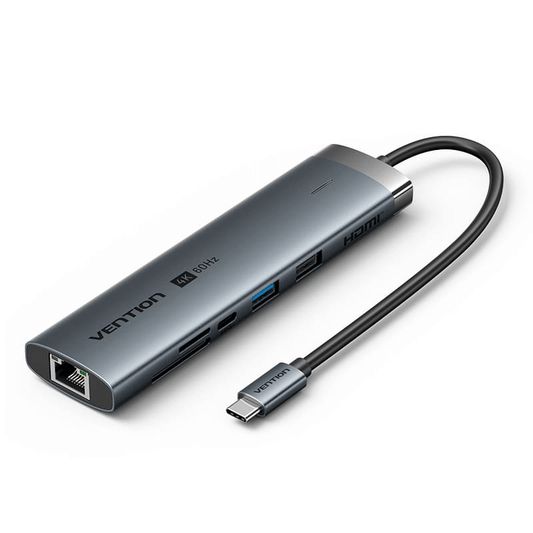 Vention 8-in-1 USB-C Hub showcasing multiple ports and sleek design for modern connectivity.
