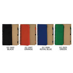 Eco Notepad with Non-Woven Pouch with Pen in four colors: black, orange, royal blue, and green.