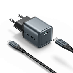 Vention 1-Port USB-C GaN Charger (20W) with USB-C to Lightning Cable (1M) for efficient charging.