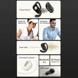 Vention Wireless Bluetooth Open Ear Headphones OpenBeat features including unique sound, secure fit, and IPX5 rating.