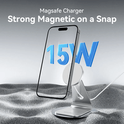 Vention 15W Magnetic Wireless Charger Stand with MagSafe displaying strong magnetic attachment on a sleek stand.
