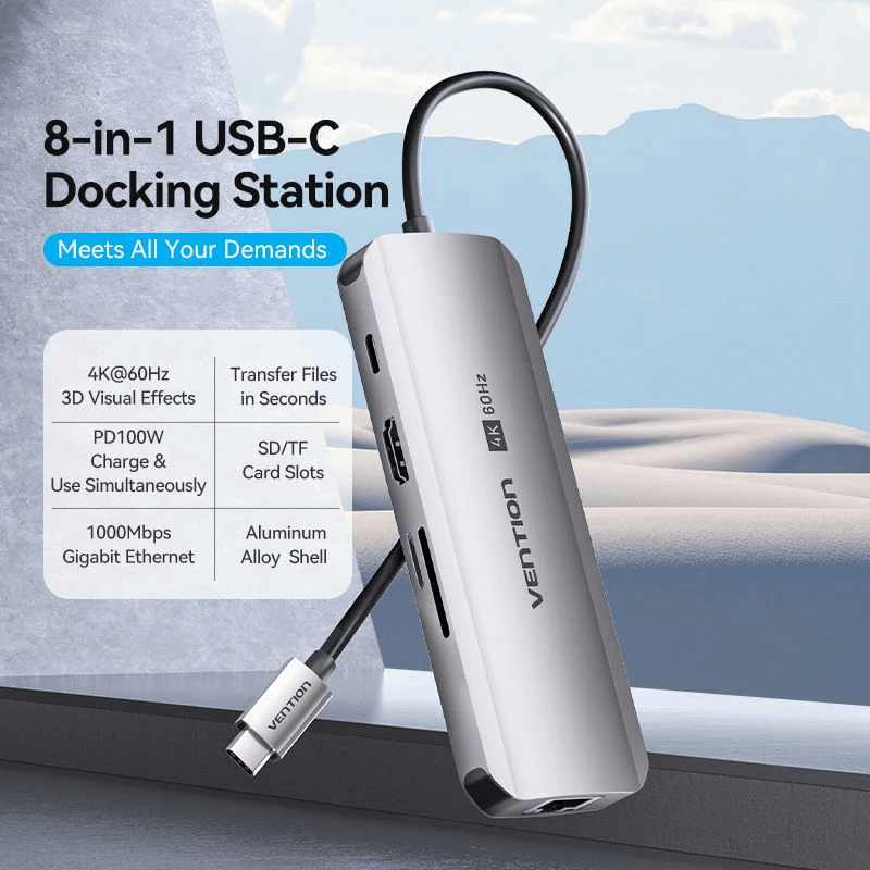 Vention 8-in-1 USB-C Docking Station offering fast data transfer, 4K output, and multiple connectivity options.