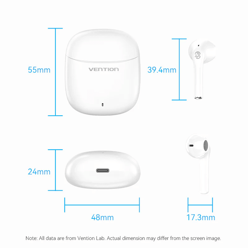 Vention True Wireless Bluetooth Earbuds Elf E02 dimensions with charging case and earbuds measurements