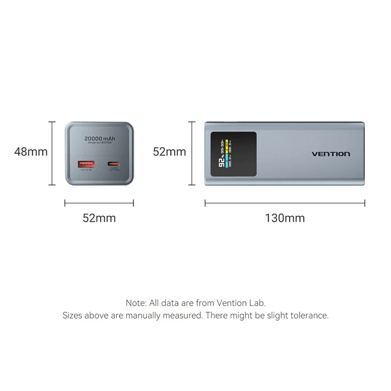 Vention 20000mAh Power Bank 100W dimensions showing length and width for effective charging solutions.