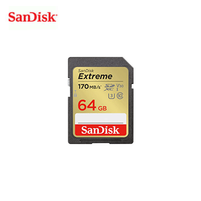 SanDisk Extreme SDXC QuickFlow UHS-I 64GB memory card for high-speed data transfer and 4K video recording.