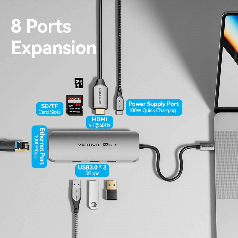 Vention 8-in-1 USB-C Docking Station showing 8 ports for expanded connectivity and fast data transfer.