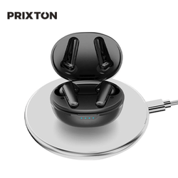 Prixton TWS158 ENC and ANC earbuds charging on a wireless dock for immersive audio experience.