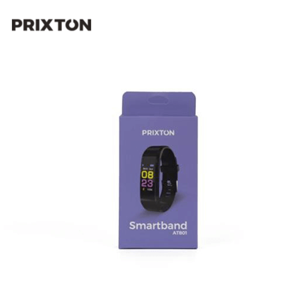 Image of Prixton Smartband AT801 packaging showcasing its modern design and features.