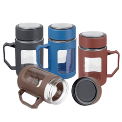 Glass Bottle With Handle in four colors: Black, Blue, Brown, and Maroon, perfect for hydration and corporate gifts.