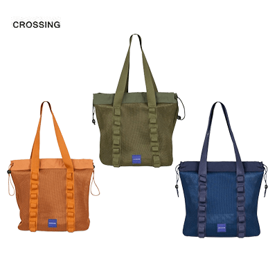 Crossing Noa Drawstring Mesh Tote Bag in orange, green, and blue, showcasing breathable mesh and daisy-chain details.
