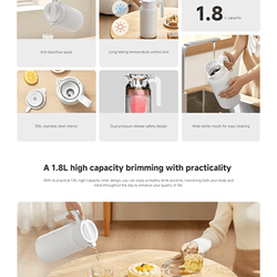 Xiaomi Insulated Kettle 1.8L features, showcasing its practical design and safety features.