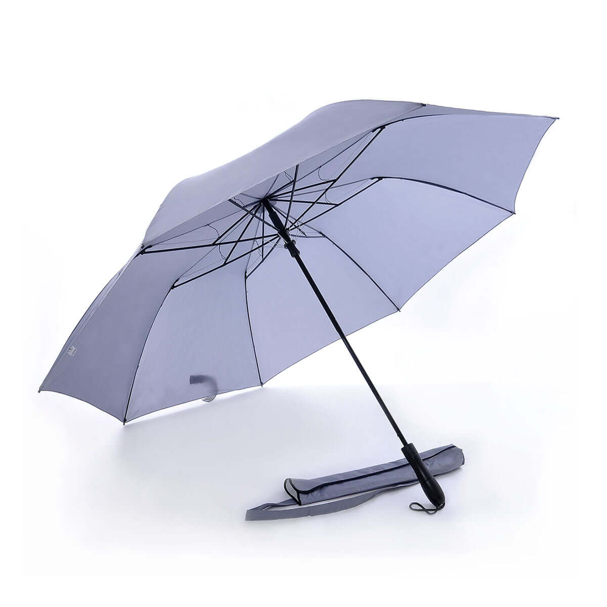 Open light-colour foldable golf umbrella with black shaft and handle, wrist loop and matching carry sleeve.