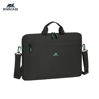 Black RIVACASE Gremio laptop bag with front zip pocket, twin handles and shoulder strap