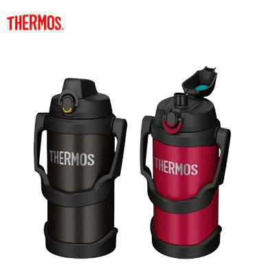 Thermos FJQ-2000 Sports Jug with Lockable Lid and Handle in black and red colors, perfect for hydration during sports.