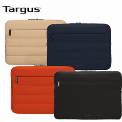Targus Puffer 13-14" Laptop Sleeve in beige, navy, orange and black with quilted design, ideal for corporate gifts.