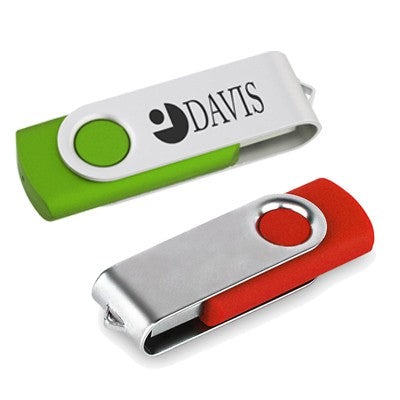 Green and red Classic swivel USB flash drives with silver covers closed over their connectors, including a printed artwork example