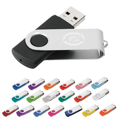 Classic swivel USB flash drive with black plastic body and silver metal cover rotated open, with multiple colour examples below