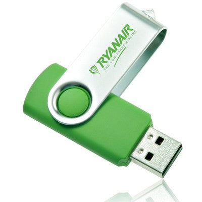 Green Classic swivel USB flash drive with exposed USB-A connector and rotated silver cover bearing a printed artwork example