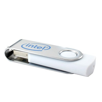 White Classic swivel USB flash drive with silver cover closed over the connector and a printed artwork example
