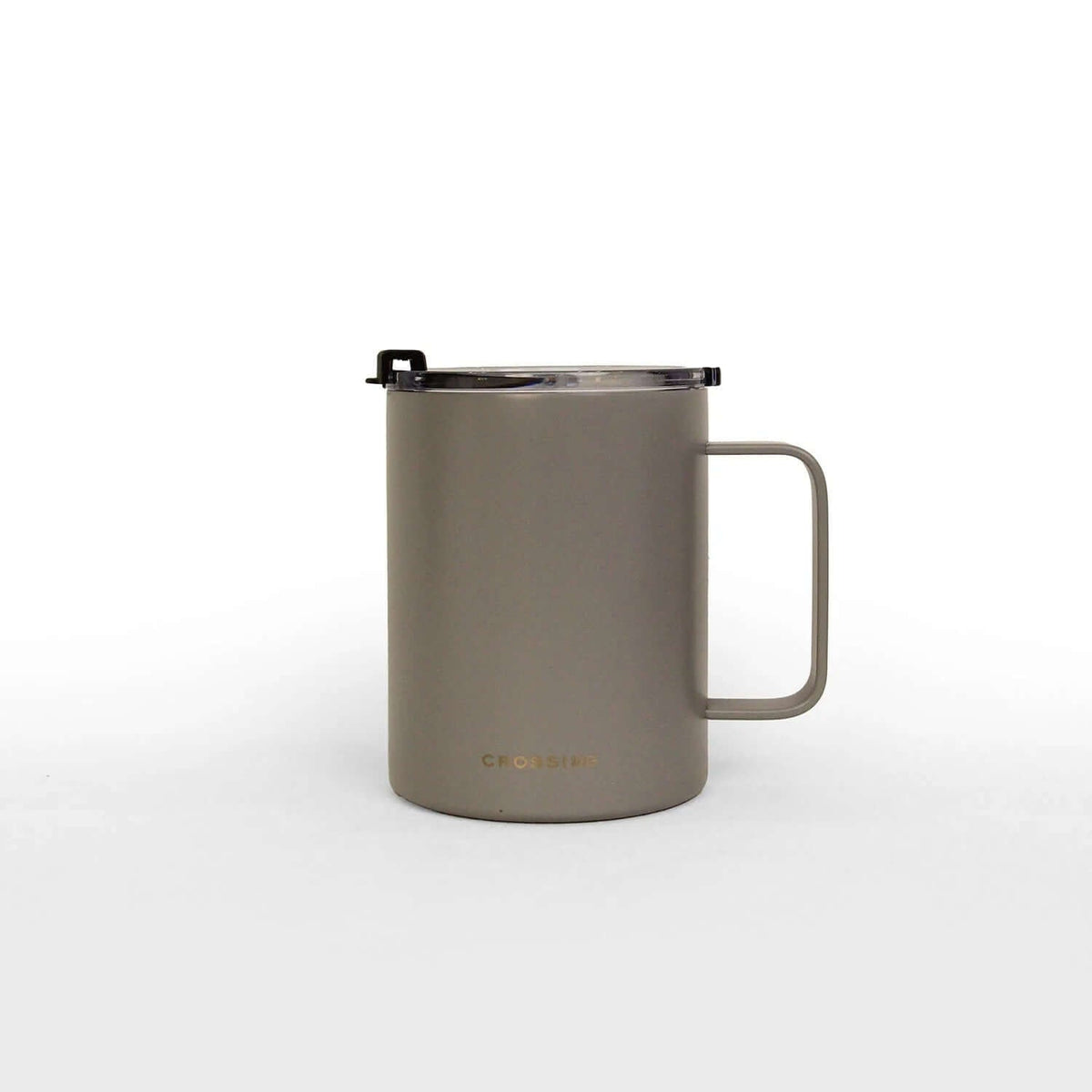 Grey Crossing Neo mug with straight-sided handle, transparent lid and black closure piece