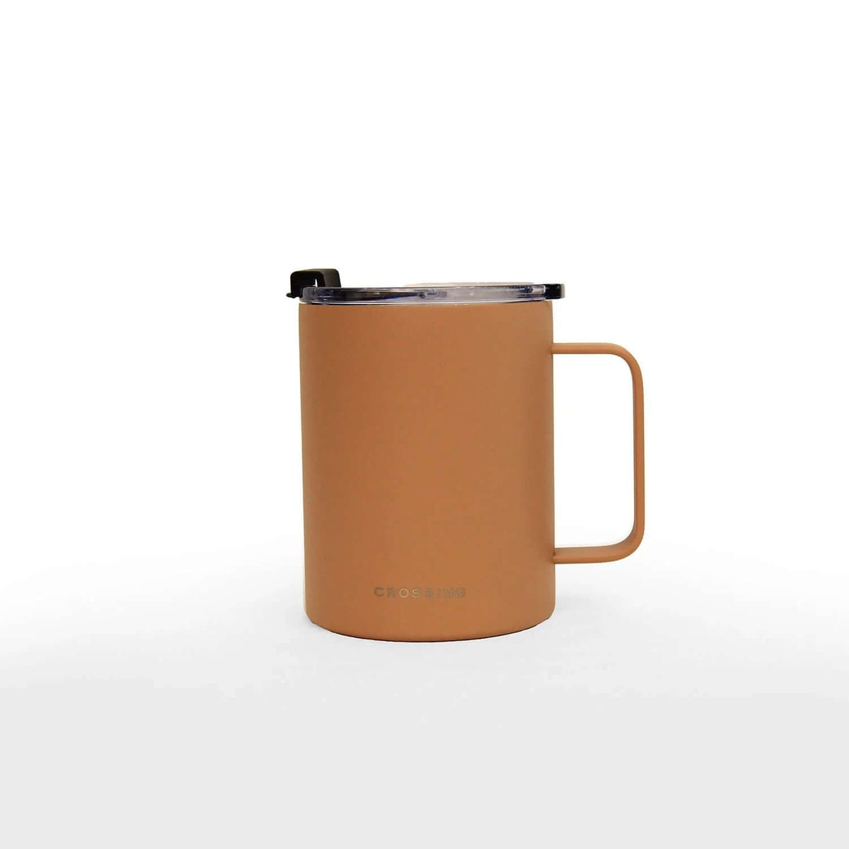 Orange-brown Crossing Neo mug with straight-sided handle, transparent lid and black closure piece