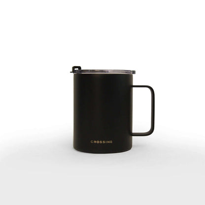 Black Crossing Neo mug with straight-sided handle, transparent lid and small brand mark near the base
