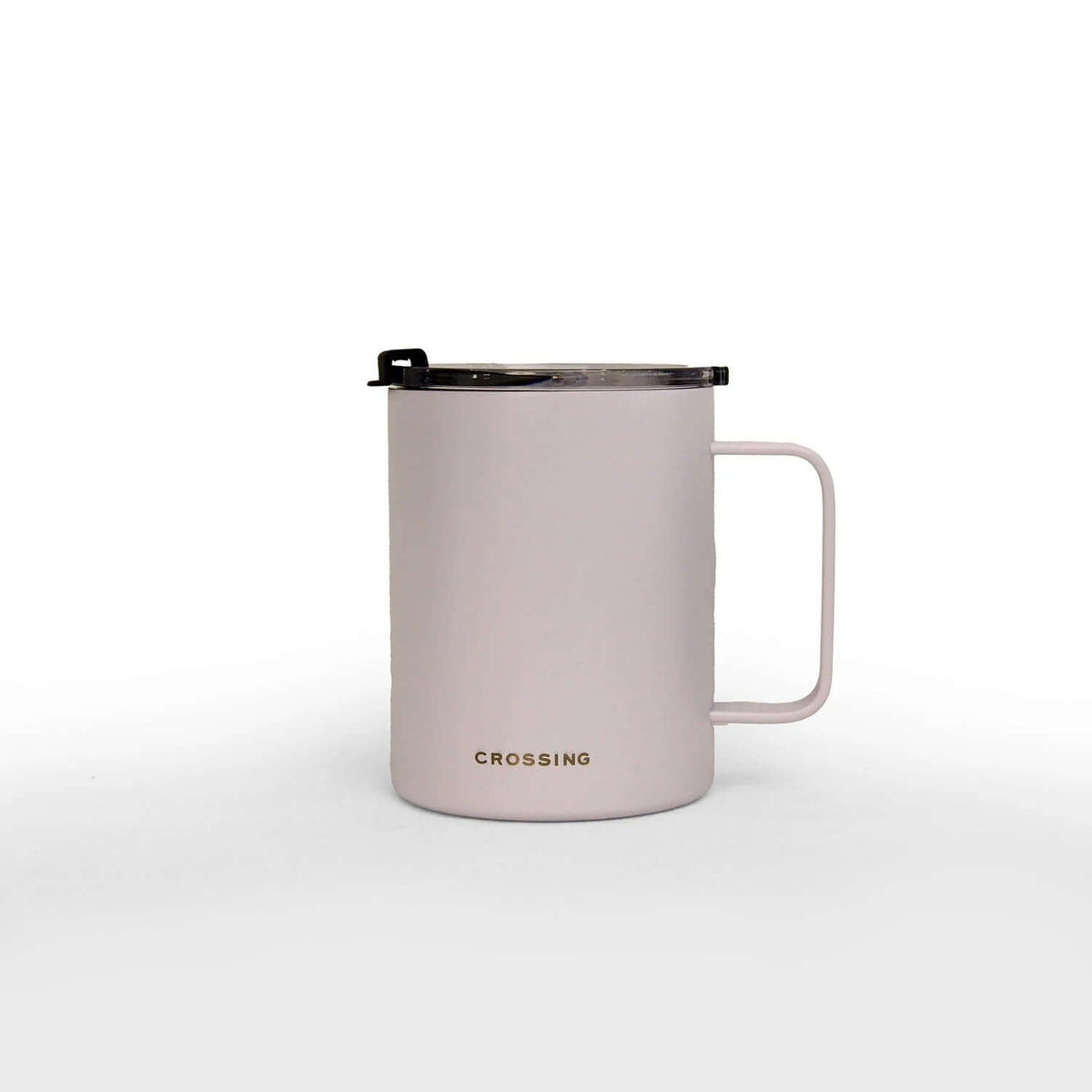Light grey Crossing Neo mug with straight-sided handle, transparent lid and black closure piece