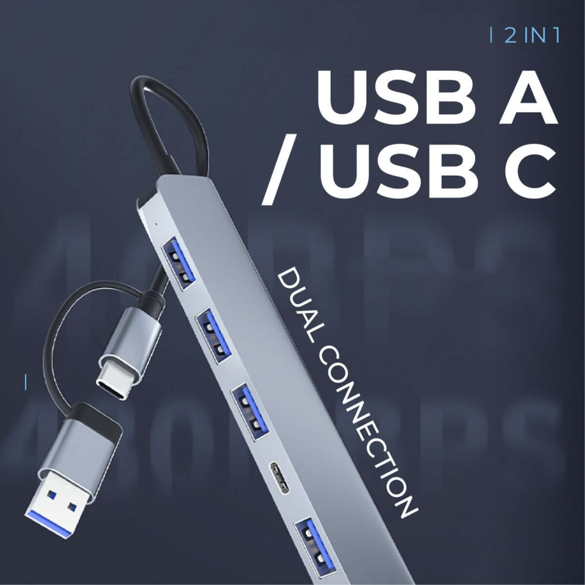 USB hub host connection graphic showing USB-C plug and attached USB-A adaptor.