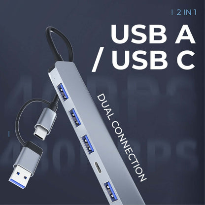 USB hub host connection graphic showing USB-C plug and attached USB-A adaptor.
