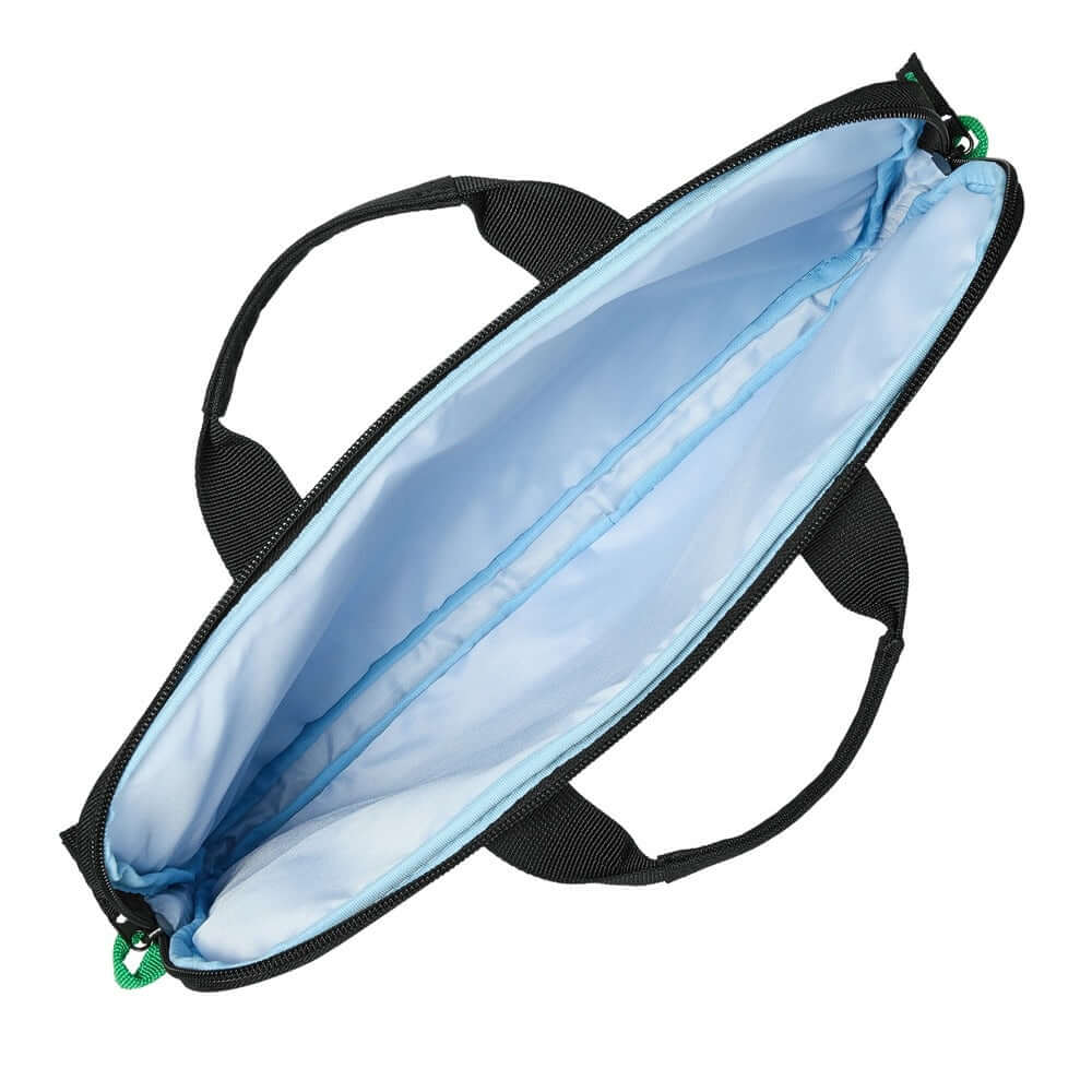 Open RIVACASE Gremio laptop bag showing pale blue lining and padded inner sides