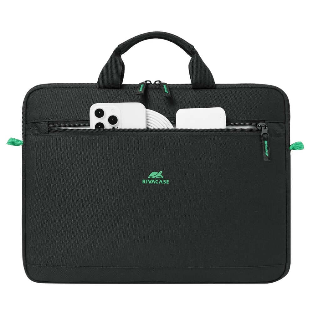 RIVACASE Gremio laptop bag front pocket illustrated holding a phone, cable and small accessory