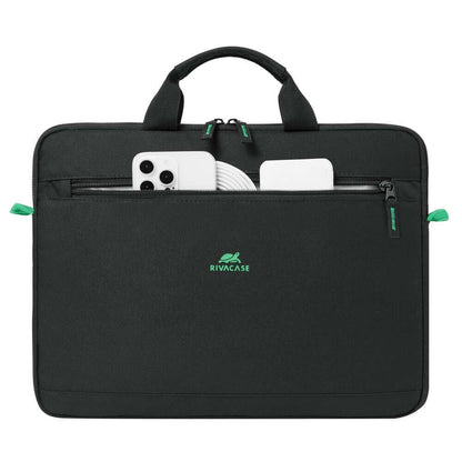 RIVACASE Gremio laptop bag front pocket illustrated holding a phone, cable and small accessory
