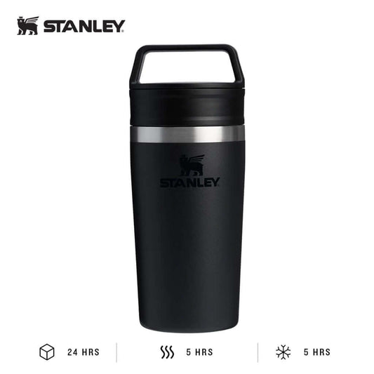 Black Stanley Café-to-Go 12oz travel mug with integrated lid handle