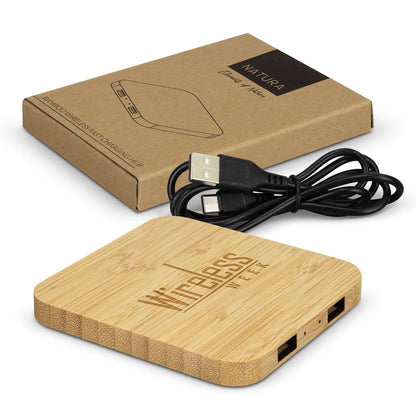 NATURA bamboo charging hub with sample engraved logo, black USB cable and NATURA kraft gift box