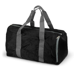 Origami Foldable Duffle Bag in black with gray straps, ideal for travel and corporate gift Singapore.