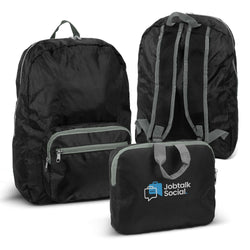 Origami Foldable Backpack displayed in three angles, featuring logo and zippered compartments, ideal as Corporate Gift Singapore.