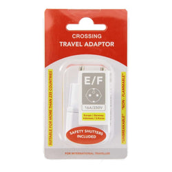 Crossing Travel Adaptor Plug - E/F packaging showing compatibility for over 235 countries, suitable for travelers.