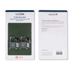 Crossing Ultra-Light TSA Travel Lock With Keys (Twin Pack) in packaging with specifications and travel safety tips.