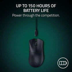 Razer DeathAdder V4 Pro Wireless Gaming Mouse showcasing up to 150 hours of battery life power through the competition.