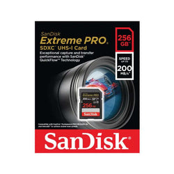 SanDisk Extreme PRO SDXC QuickFlow UHS-I 256GB memory card packaging with speed specifications and branding.
