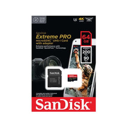 SanDisk Extreme PRO microSDXC QuickFlow UHS-I 64GB card packaging with camera and smartphone.