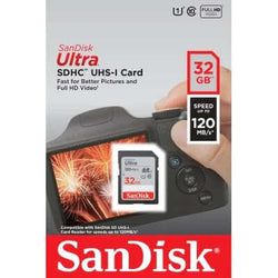 SanDisk Ultra SDHC UHS-I 32GB U1 C10 120MB/s [SDSDUN4-032G-GN6IN] packaging with speed and capacity details.