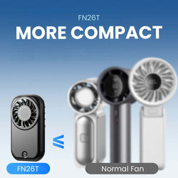Typhoon Mini Turbo Fan alongside a normal fan, highlighting its compact design and 5-speed settings.